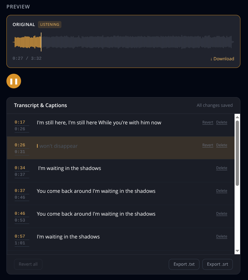 DJ Lynux caption transcription interface showing lyrics with confidence flags